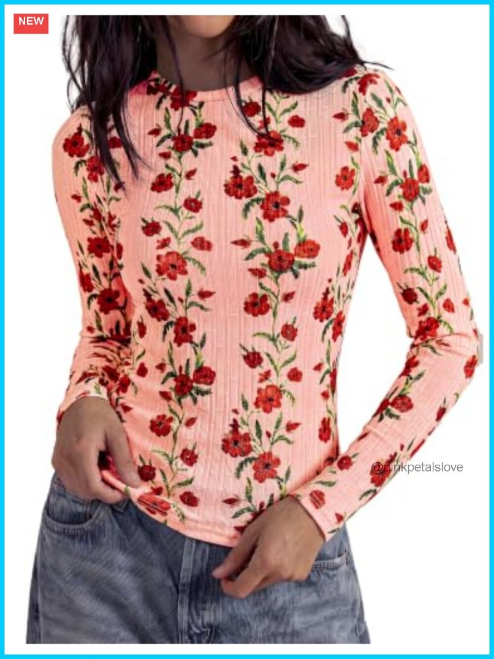 Womens Long Sleeve Floral Ribbed Knit Slim Fit Pullover Top Y2K